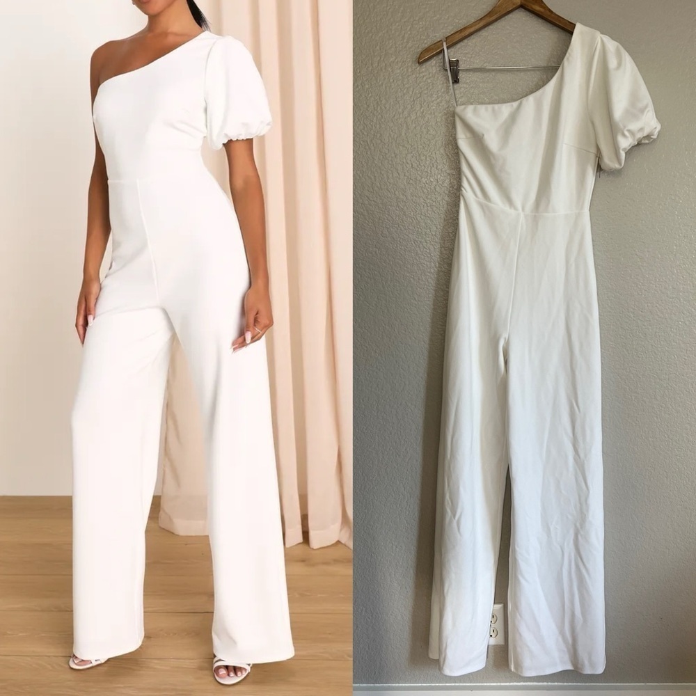 NWOT Cheerful Captivation White One-Shoulder Wide-Leg Jumpsuit